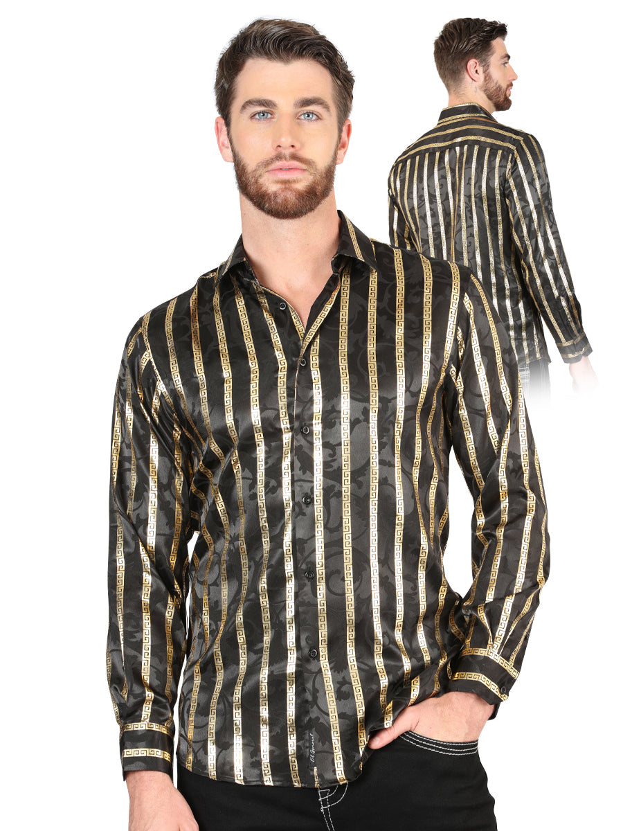 Camisa Vaquera de Hombre El Señor de los Cielos Manga Larga Casual en 97% Poliéster 3% Spandex Color Gris/Oro 44554