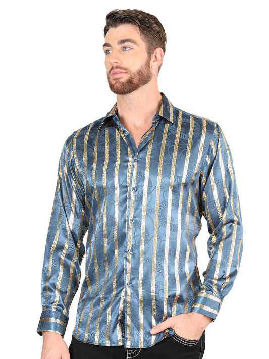Camisa Vaquera de Hombre El Señor de los Cielos Manga Larga Casual en 97% Poliéster 3% Spandex Color Azul Marino 44580
