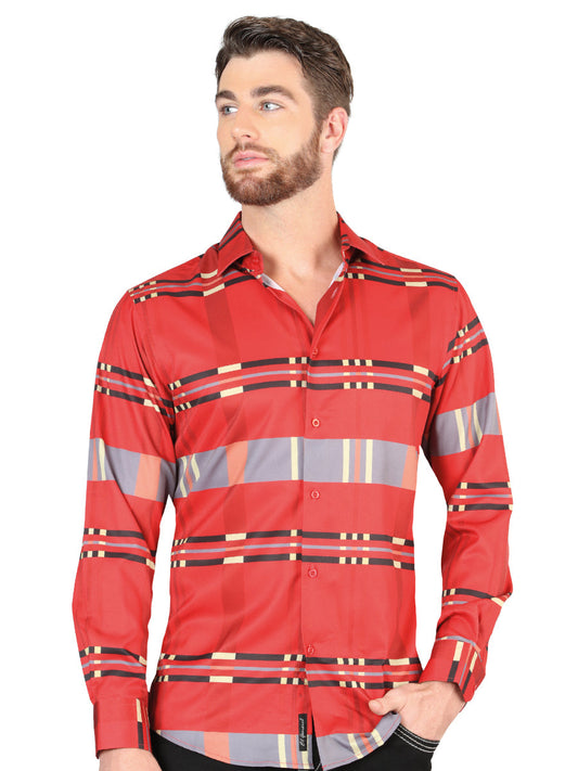 Camisa Vaquera de Hombre El Señor de los Cielos Manga Larga Casual en 97% Poliéster 3% Spandex Color Rojo 44601