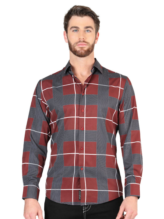 Camisa Vaquera de Hombre El Señor de los Cielos Manga Larga Casual en 97% Poliéster 3% Spandex Color Vino 44603
