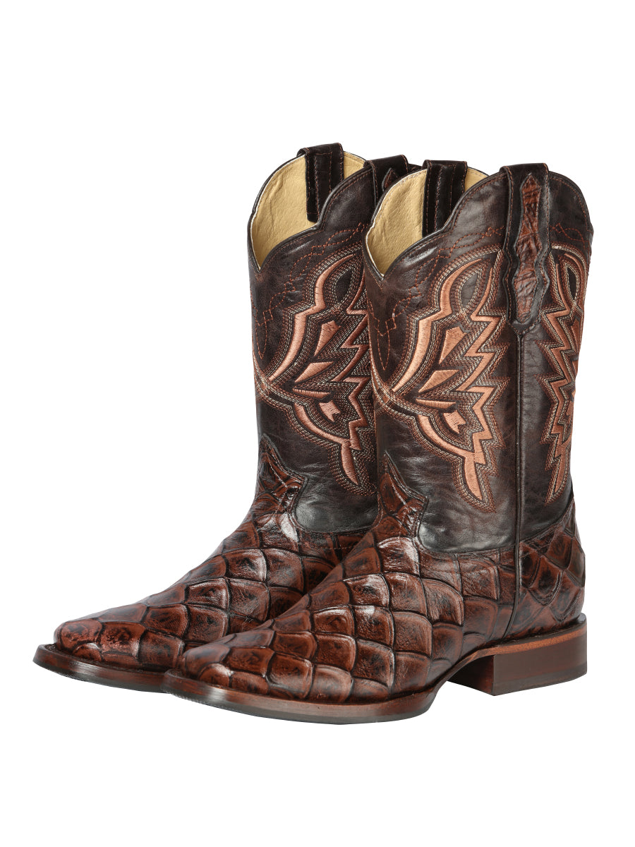 Bota Vaquera Rodeo Hombre El General Piel Bovino Grabado Pirarucú Café - Modelo 44664