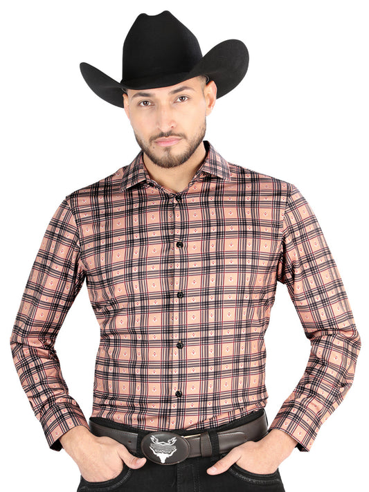Camisa Vaquera de Hombre El Señor de los Cielos Manga Larga Casual en 97% Poliéster 3% Spandex Color Beige/Negro 44697