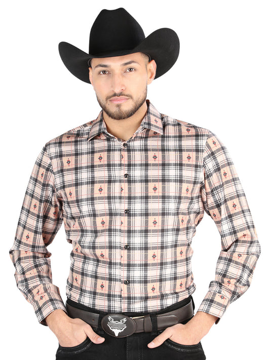Camisa Vaquera de Hombre El Señor de los Cielos Manga Larga Casual en 97% Poliéster 3% Spandex Color Beige/Negro 44698