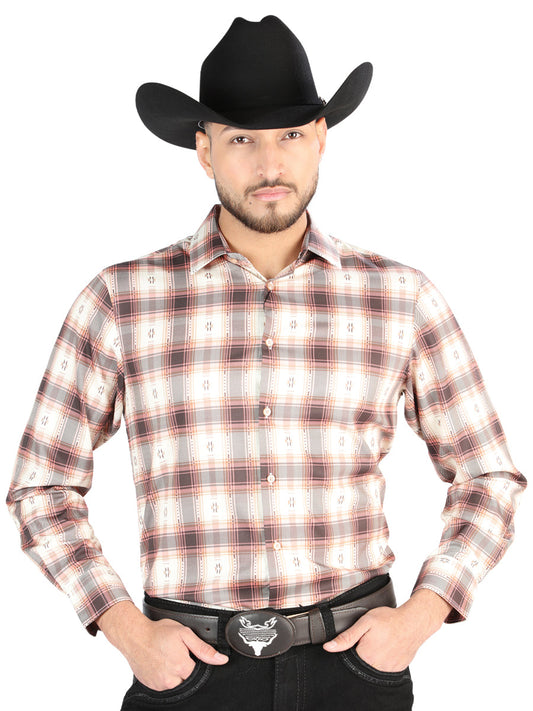 Camisa Vaquera de Hombre El Señor de los Cielos Manga Larga Casual en 97% Poliéster 3% Spandex Color Naranja/Beige 44699