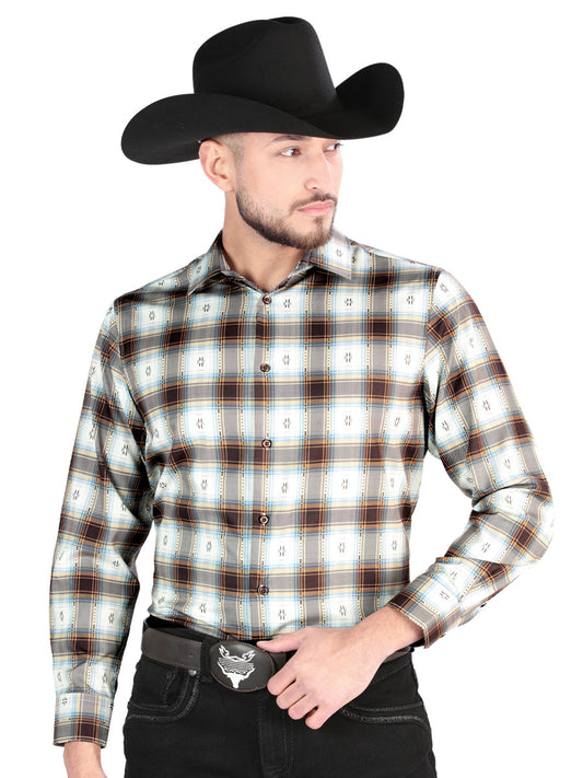 Camisa Vaquera de Hombre El Señor de los Cielos Manga Larga Casual en 97% Poliéster 3% Spandex Color Café 44700