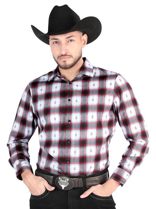 Camisa Vaquera de Hombre El Señor de los Cielos Manga Larga Casual en 97% Poliéster 3% Spandex Color Negro/Rojo 44701