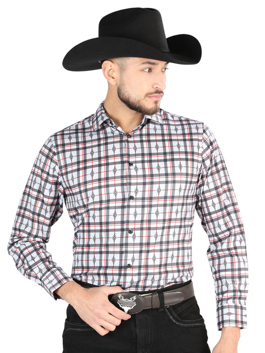 Camisa Vaquera de Hombre El Señor de los Cielos Manga Larga Casual en 97% Poliéster 3% Spandex Color Negro/Blanco 44703