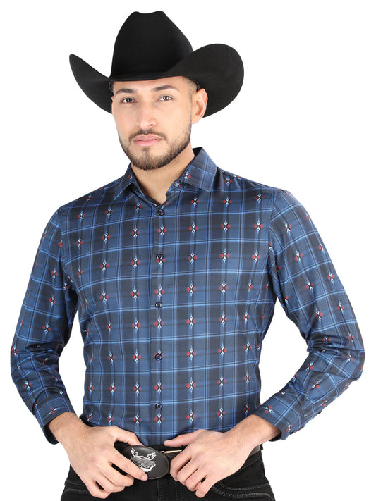 Camisa Vaquera de Hombre El Señor de los Cielos Manga Larga Casual en 97% Poliéster 3% Spandex Color Negro/Azul 44704