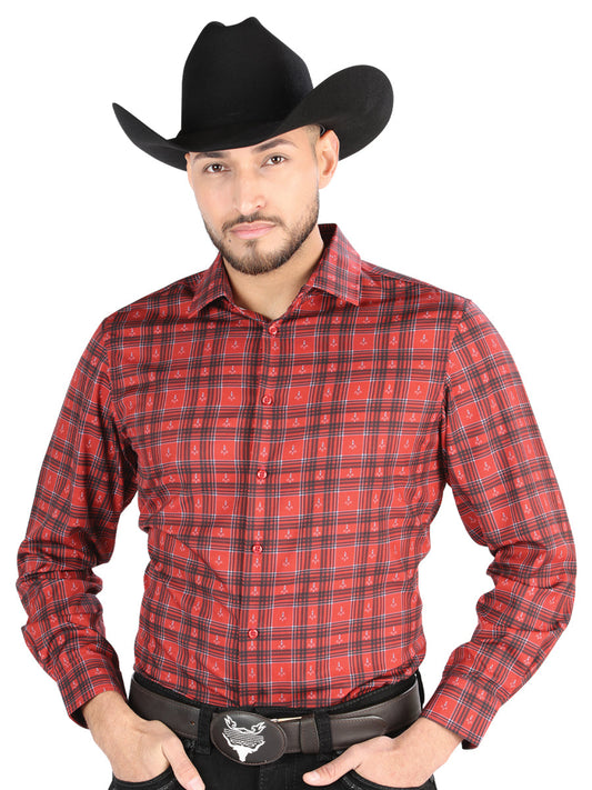 Camisa Vaquera de Hombre El Señor de los Cielos Manga Larga Casual en 97% Poliéster 3% Spandex Color Rojo/Negro 44705