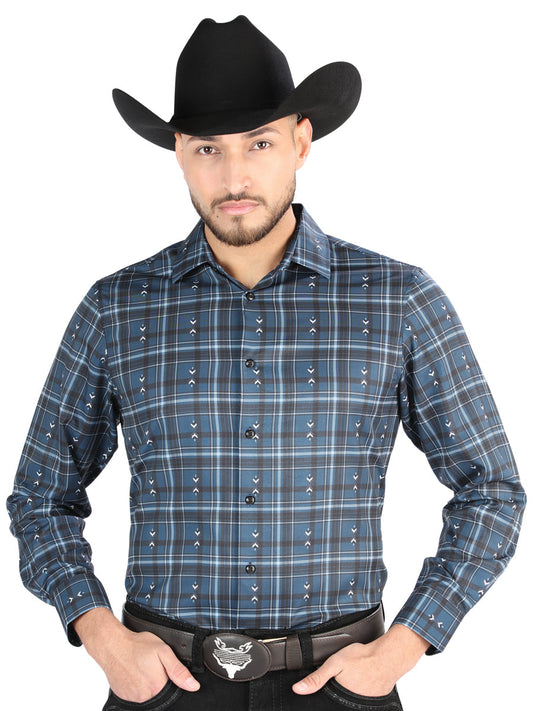 Camisa Vaquera de Hombre El Señor de los Cielos Manga Larga Casual en 97% Poliéster 3% Spandex Color Gris/Blanco 44706