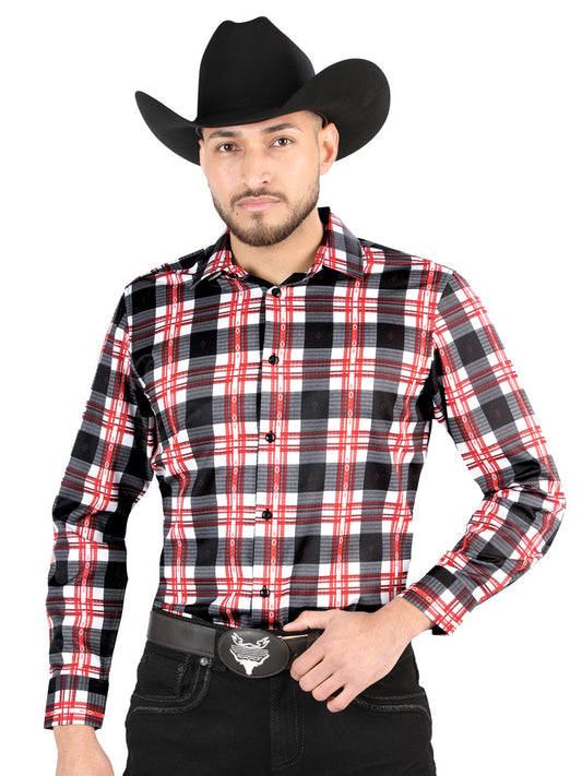 Camisa Vaquera de Hombre El Señor de los Cielos Manga Larga Casual en 97% Poliéster 3% Spandex Color Blanco/Rojo 44707