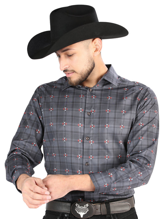 Camisa Vaquera de Hombre El Señor de los Cielos Manga Larga Casual en 97% Poliéster 3% Spandex Color Gris/Café 44708