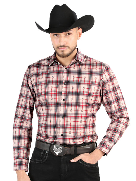 Camisa Vaquera de Hombre El Señor de los Cielos Manga Larga Casual en 97% Poliéster 3% Spandex Color Beige/Rojo 44711