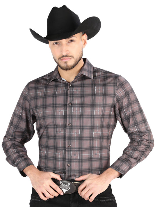 Camisa Vaquera de Hombre El Señor de los Cielos Mocha/olive Manga Larga Casual en 97% Poliéster 3% Spandex 44712