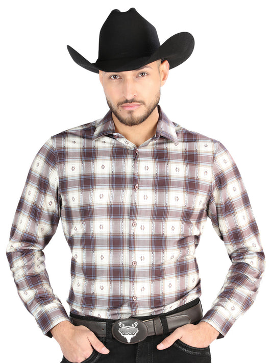 Camisa Vaquera de Hombre El Señor de los Cielos Manga Larga Casual en 97% Poliéster 3% Spandex Color Beige/Vino 44713