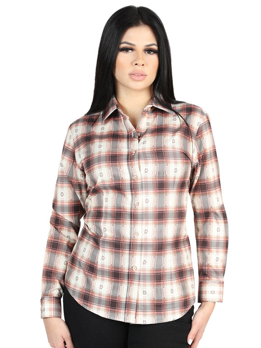 Camisa Vaquera de Mujer El Señor de los Cielos Manga Larga Casual en 97% Poliéster 3% Spandex Color Naranja/Beige 44716