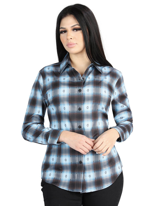 Camisa Vaquera de Mujer El Señor de los Cielos Manga Larga Casual en 97% Poliéster 3% Spandex Color Negro/Beige 44719