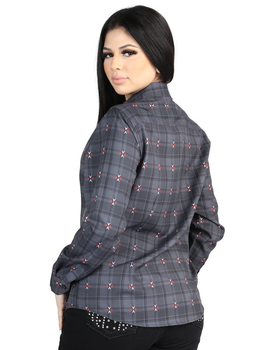 Camisa Vaquera de Mujer El Señor de los Cielos Manga Larga Casual en 97% Poliéster 3% Spandex Color Gris/Café 44725