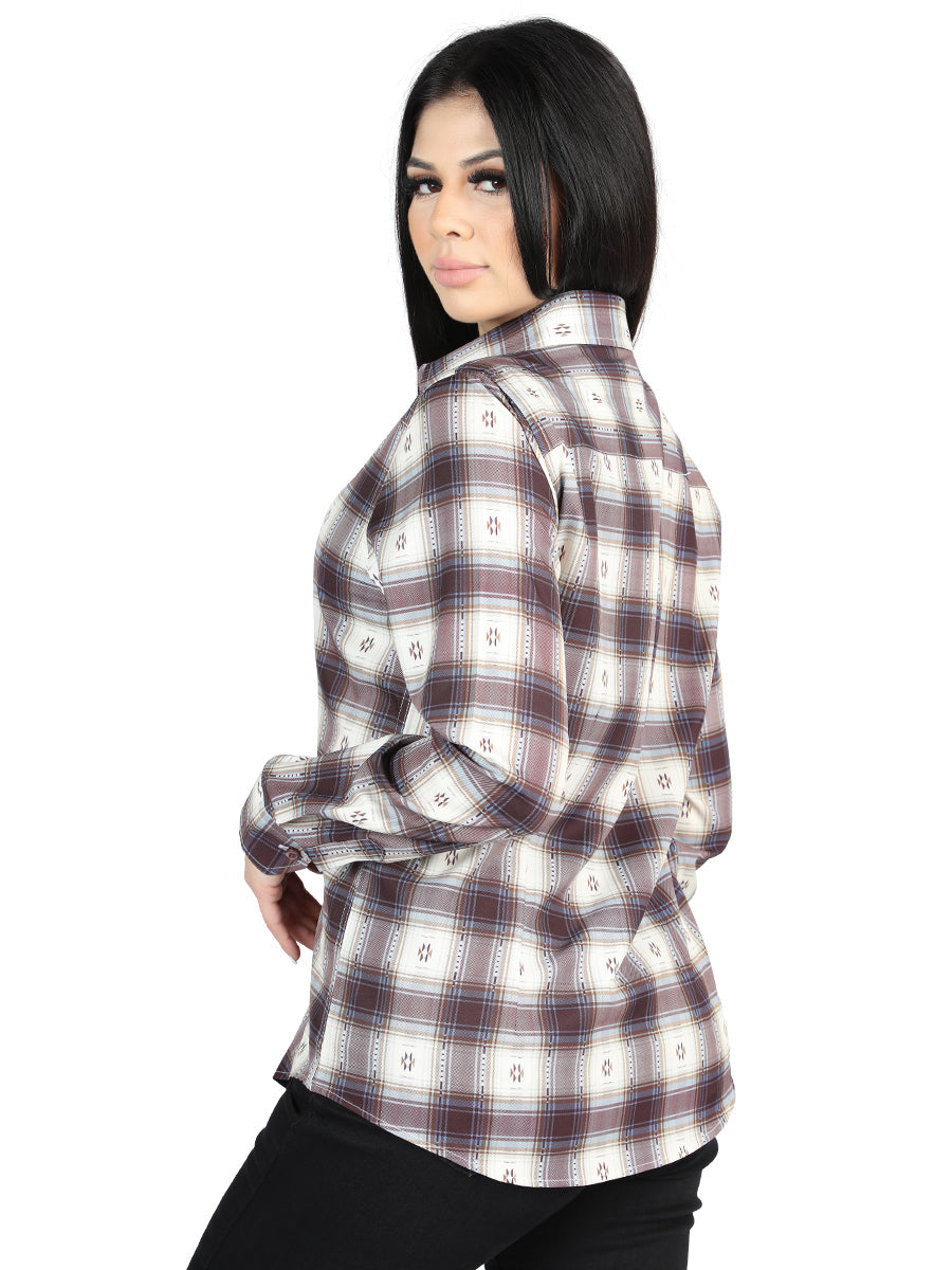Camisa Vaquera de Mujer El Señor de los Cielos Manga Larga Casual en 97% Poliéster 3% Spandex Color Beige/Vino 44730