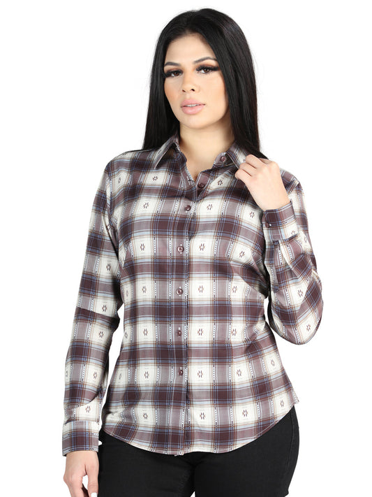 Camisa Vaquera de Mujer El Señor de los Cielos Manga Larga Casual en 97% Poliéster 3% Spandex Color Beige/Vino 44730