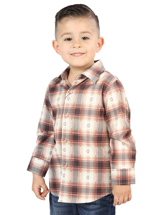 Camisa Vaquera de Niño El Señor de los Cielos Manga Larga Casual en 97% Poliéster 3% Spandex Color Naranja/Beige 44733