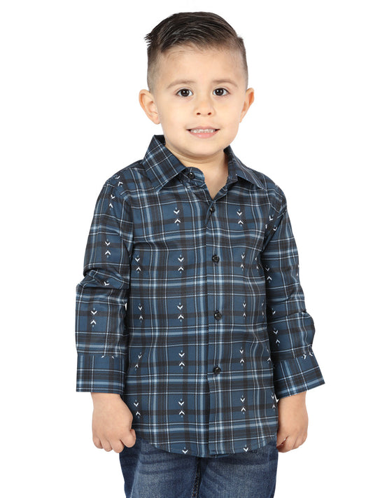 Camisa Vaquera de Niño El Señor de los Cielos Manga Larga Casual en 97% Algodón 3% Spandex Color Gris/Blanco 44740