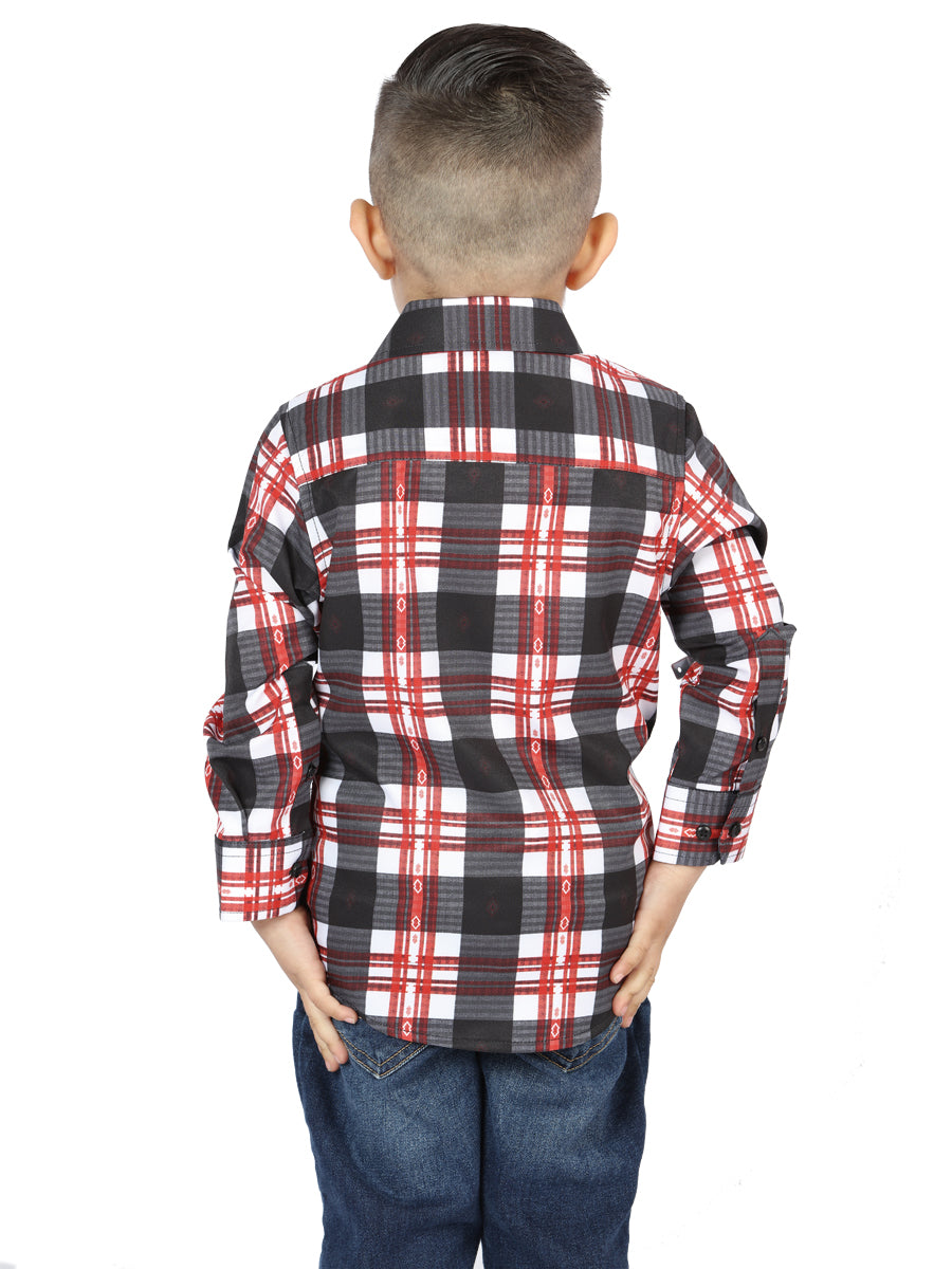 Camisa Vaquera de Niño El Señor de los Cielos Manga Larga Casual en 97% Algodón 3% Spandex Color Blanco/Rojo 44741
