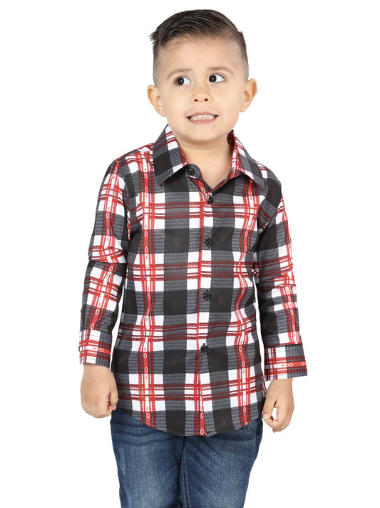 Camisa Vaquera de Niño El Señor de los Cielos Manga Larga Casual en 97% Algodón 3% Spandex Color Blanco/Rojo 44741