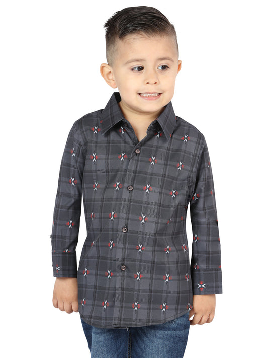 Camisa Vaquera de Niño El Señor de los Cielos Manga Larga Casual en 97% Algodón 3% Spandex Color Gris/Café 44742