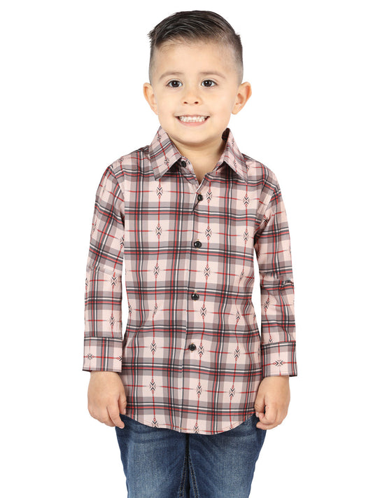 Camisa Vaquera de Niño El Señor de los Cielos Manga Larga Casual en 97% Algodón 3% Spandex Color Beige/Rojo 44745