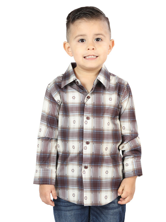 Camisa Vaquera de Niño El Señor de los Cielos Manga Larga Casual en 97% Algodón 3% Spandex Color Beige/Vino 44747