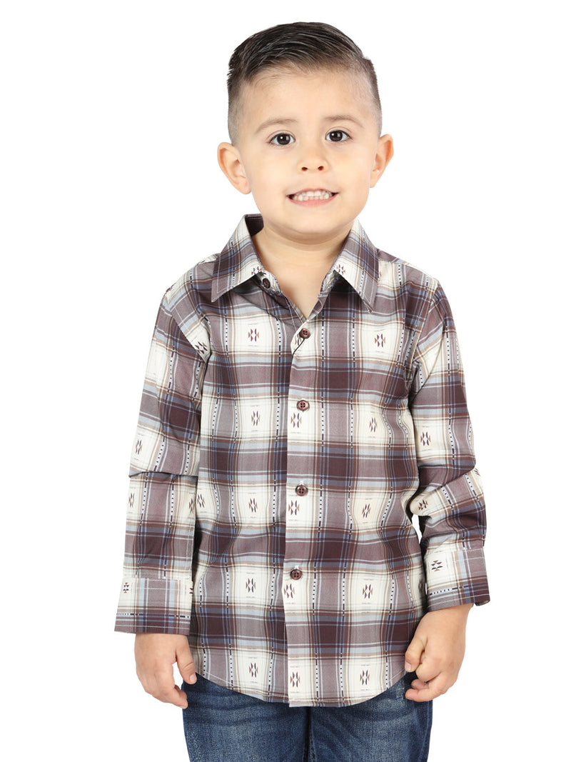 Camisa Vaquera de Niño El Señor de los Cielos Manga Larga Casual en 97% Algodón 3% Spandex Color Beige/Vino 44747