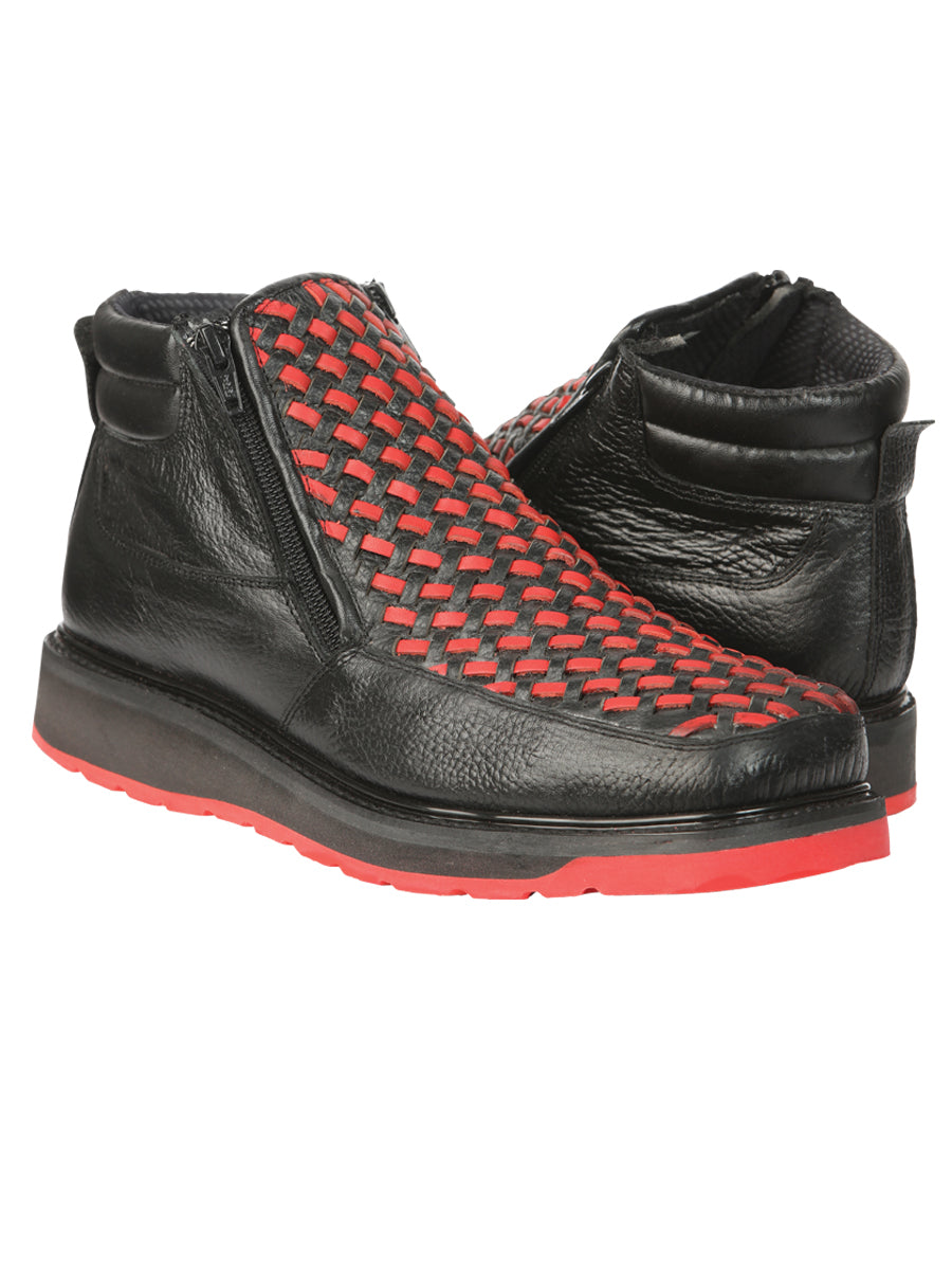 Botín Vaquero de Hombre El General Tobillo Trabajo en Piel Color Negro/Rojo 45402