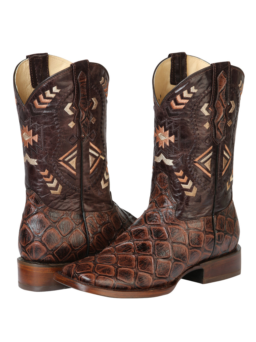Bota Vaquera Rodeo Hombre El General Piel Bovino Grabado Monster Fish Café - Modelo 51246