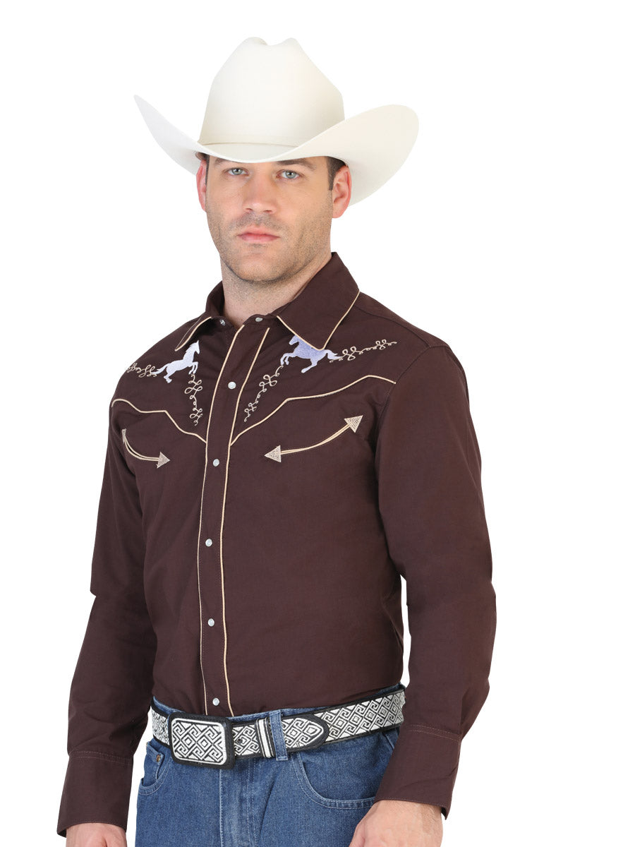 Camisa Vaquera de Hombre El Señor de los Cielos ROD18-06 Bordada Casual en 65% Poliéster 35% Algodón Color Café 123879