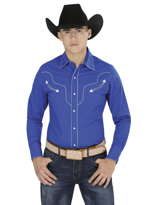 Camisa Vaquera de Hombre El Señor de los Cielos Manga Larga Bordada Casual en 65% Poliéster 35% Algodón Color Azul Marino 123918
