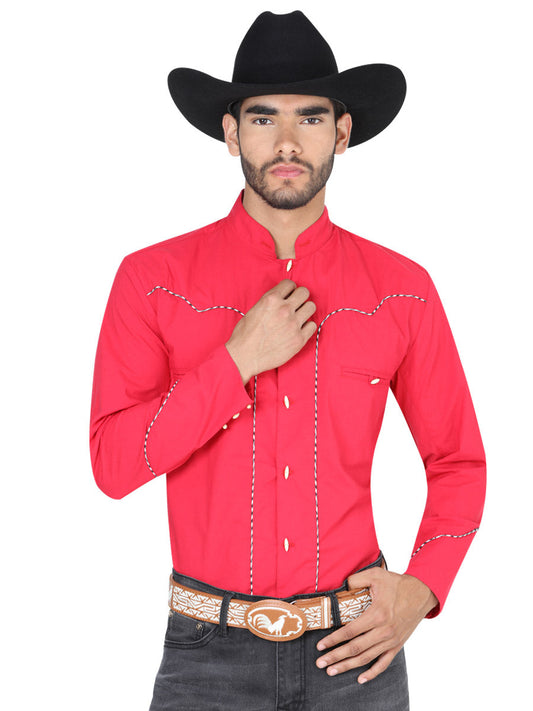Camisa Vaquera de Hombre El Señor de los Cielos Manga Larga Bordada Charro en 65% Poliéster 35% Algodón Color Rojo 123921
