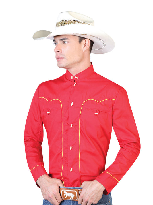 Camisa Vaquera de Hombre El Señor de los Cielos Manga Larga Bordada Charro en 80% Poliéster 20% Algodón Color Rojo 124864