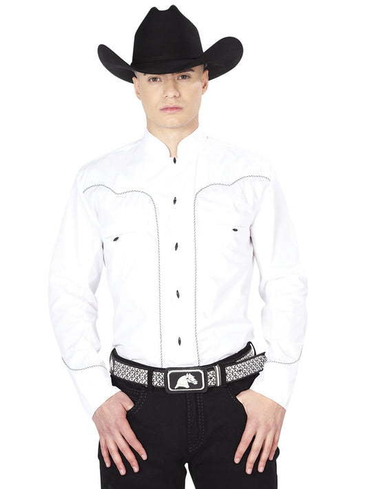Camisa Vaquera de Hombre El Señor de los Cielos Manga Larga Bordada Charro en 65% Poliéster 35% Algodón Color Blanco 125389