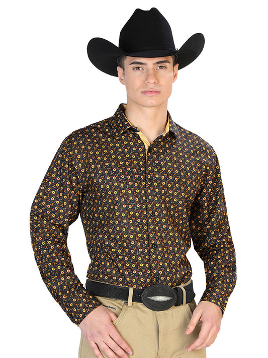 Camisa Vaquera de Hombre Centenario Manga Larga Casual en 95% Poliéster 5% Spandex Color Negro/Café 126262