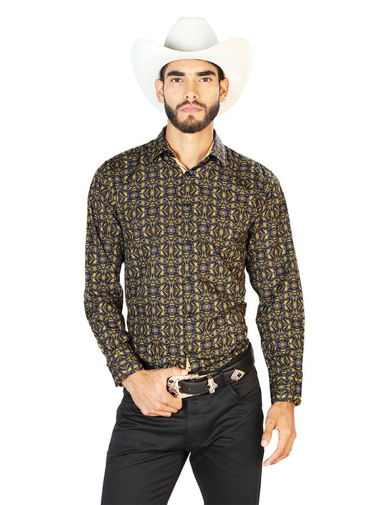 Camisa Vaquera de Hombre Centenario Manga Larga Casual en 95% Poliéster 5% Spandex Color Negro/Dorado 126273