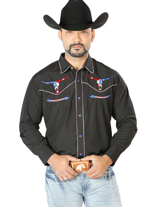 Camisa Vaquera de Hombre El Señor de los Cielos Manga Larga Bordada Casual en 65% Poliéster 35% Algodón Color Negro 126671