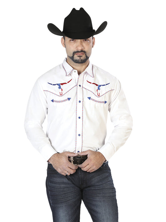 Camisa Vaquera de Hombre El Señor de los Cielos Manga Larga Bordada Casual en 65% Poliéster 35% Algodón Color Blanco/Rojo 126672
