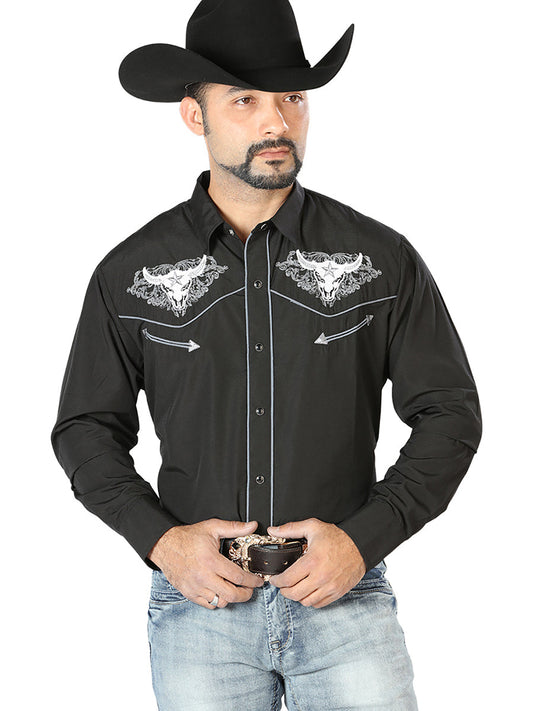 Camisa Vaquera de Hombre El Señor de los Cielos Manga Larga Bordada Casual en 65% Poliéster 35% Algodón Color Negro/Blanco 126676