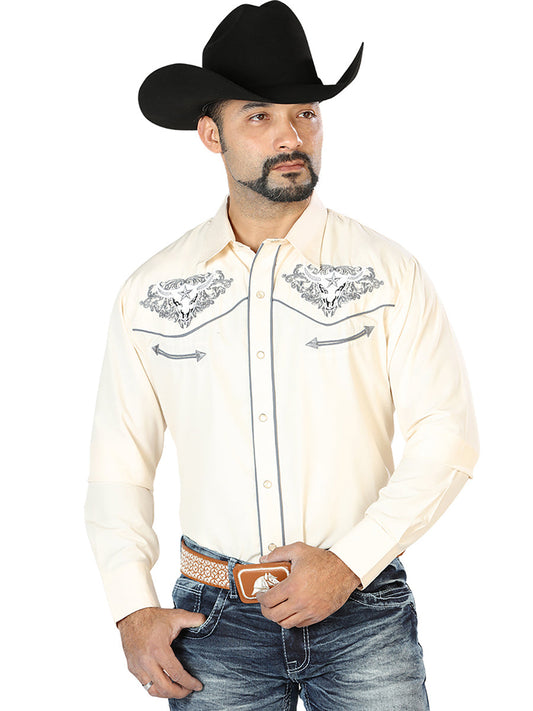 Camisa Vaquera de Hombre El Señor de los Cielos Manga Larga Bordada Casual en 65% Poliéster 35% Algodón Color Beige/Gris 126679