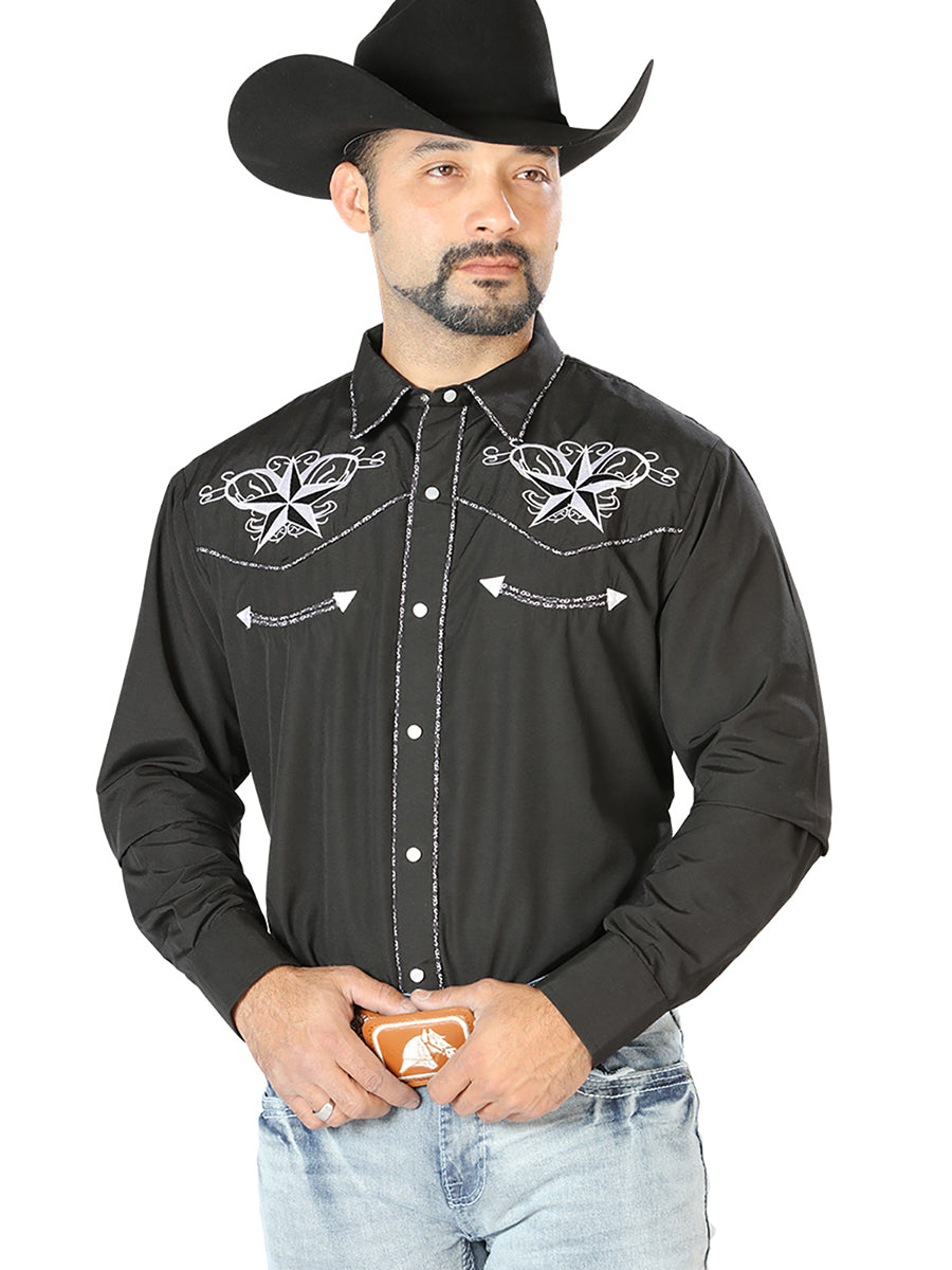 Camisa Vaquera de Hombre El Señor de los Cielos Manga Larga Bordada Casual en 65% Poliéster 35% Algodón Color Negro/Blanco 126682