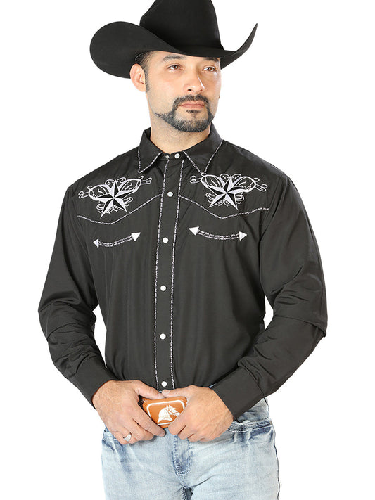 Camisa Vaquera de Hombre El Señor de los Cielos Manga Larga Bordada Casual en 65% Poliéster 35% Algodón Color Negro/Blanco 126682