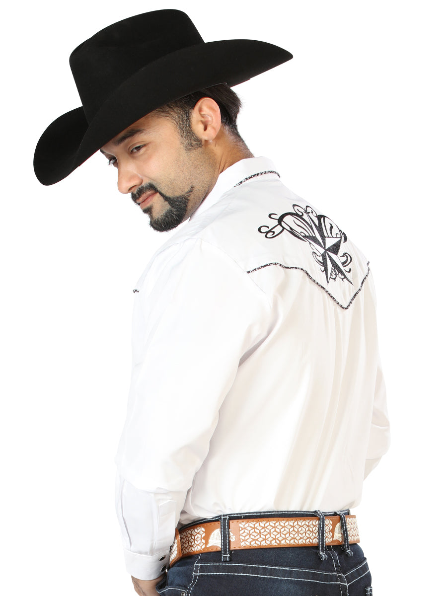 Camisa Vaquera de Hombre El Señor de los Cielos Manga Larga Bordada Casual en 65% Poliéster 35% Algodón Color Blanco/Negro 126683
