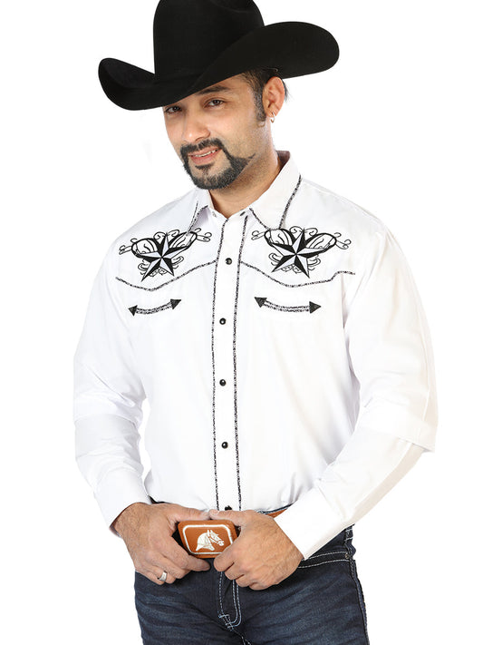 Camisa Vaquera de Hombre El Señor de los Cielos Manga Larga Bordada Casual en 65% Poliéster 35% Algodón Color Blanco/Negro 126683