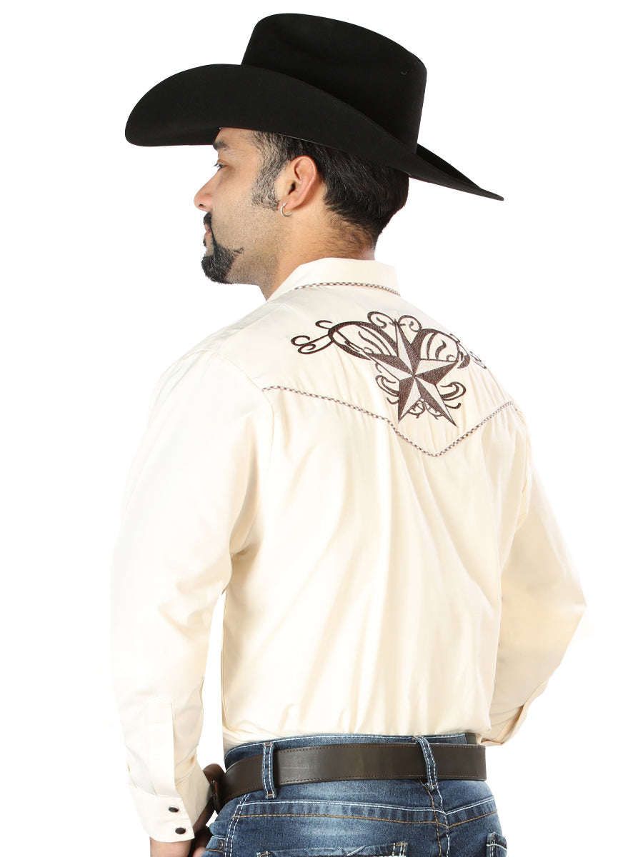 Camisa Vaquera de Hombre El Señor de los Cielos Manga Larga Bordada Casual en 65% Poliéster 35% Algodón Color Beige/Negro 126684